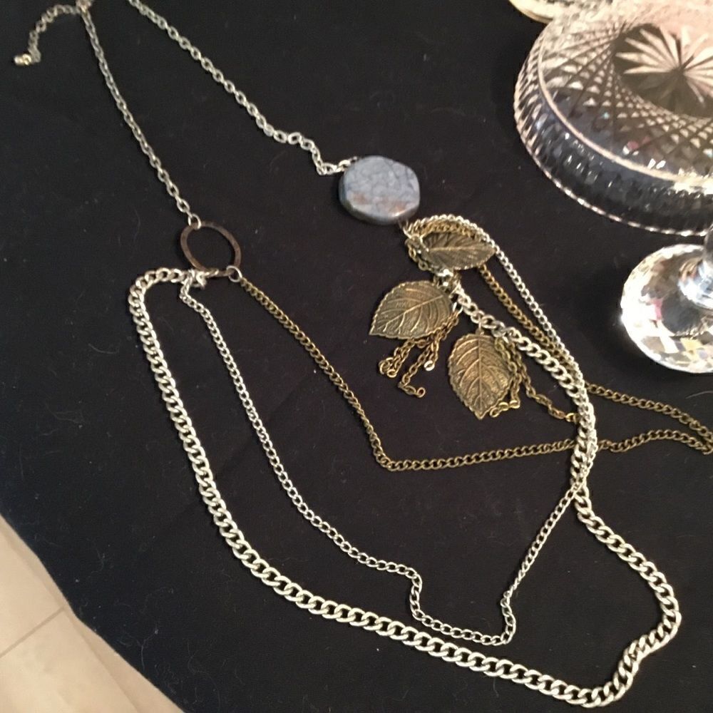 Asymmetrical Silvertone and Bronze Chain Leaf Necklace